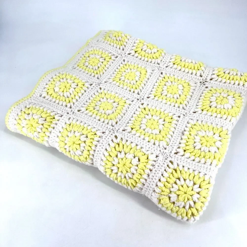 Vintage Handmade Large Afghan Blanket Yellow & White Camp Adirondack rustic 42 x